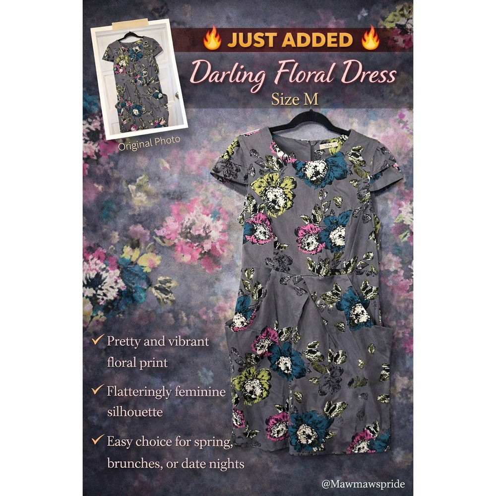 Darling Floral Dress Grey Pink Teal‎ Green Pocketed Mini Dress Size M
